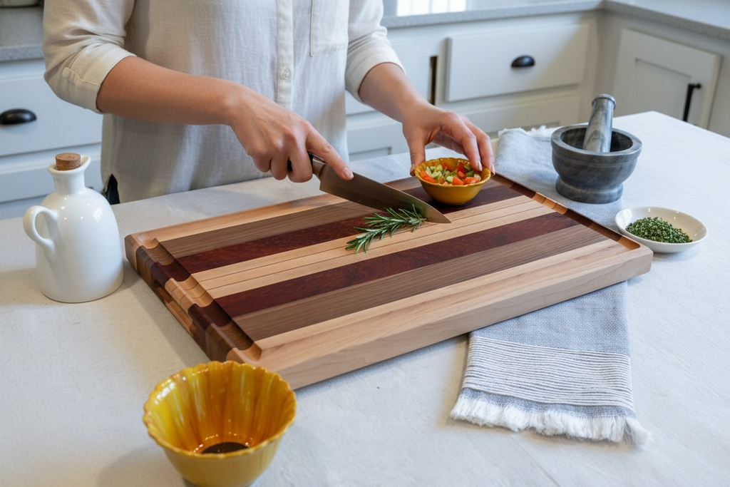 Walnut, Maple, Padauk Edge Grain Cutting Board