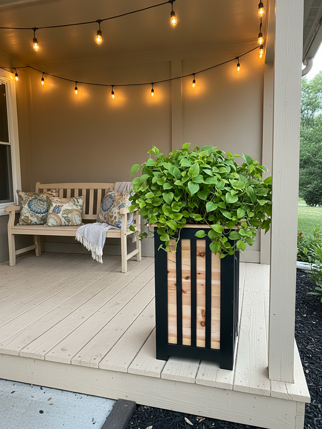 Modern Black & Cedar Tall Slat Planter