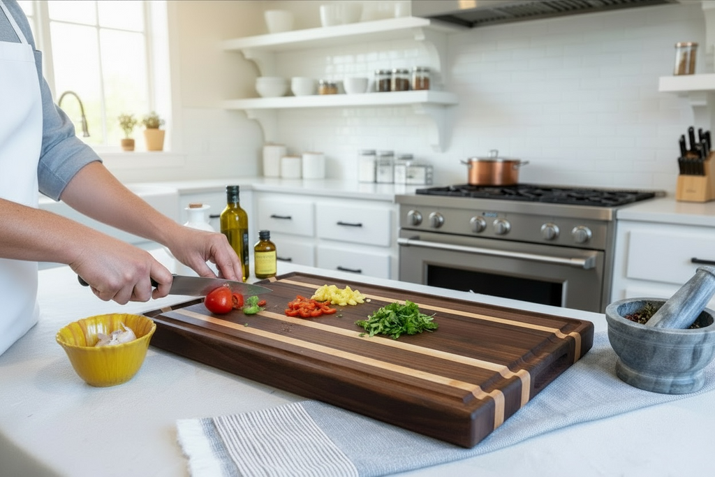 Walnut, Maple, Padauk Edge Grain Cutting Board